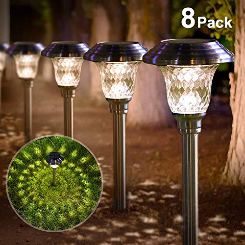 Solar Lights Bright Pathway Outdoor Garden Stake Glass Stainless Steel Waterproof Auto On/off White Wireless Sun Powered Landscape Lighting for Yard Patio Walkway Landscape In-Ground Spike Pathway