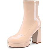 Z.Oufeier Women's Platform Chunky Heel Gogo Boots Ankle Booties 4 Inch | Black Patent Leather Ankle Boots,Round Toe Block Heel Short Boots,Fashion Side Zipper Fall Boots For Party, Concert
