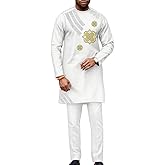 Afrilisco African Clothes for Men Dashiki Traditional Suit 2 Piece African Mens Outfits Set Embroidered African Top and Pant