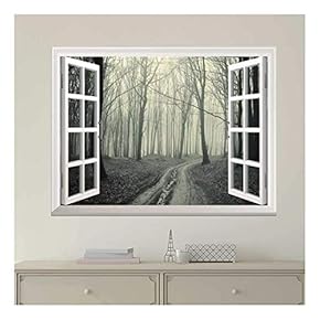 Modern White Window Looking Out Into a Road That Leads to a Dark Foggy Forest - Wall Mural, Removable Sticker, Home Decor - 24x32 inches