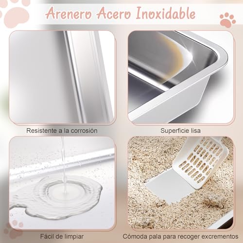 Arenero para Gato de Acero Inoxidable con Cajón Apto, Arenero para Gato Cerrada, con Pala para de Gatos, 51 * 41 * 38cm, para Gatos Grandes (Gris)