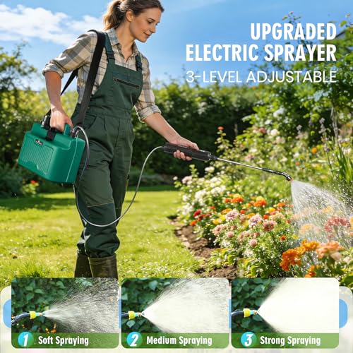 Battery Powered Sprayer 2 Gallon, Rechargeable Electric Garden Sprayer with 3 Speeds Displayed, Battery Indicator, 4 Mist Nozzles, Retractable Wand, Adjustable Shoulder Strap for Lawn Yard and Garden