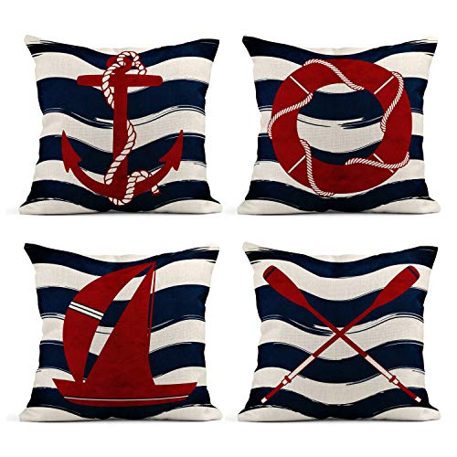 Tarolo Set of 4 Linen Throw Pillow Cover Case Summer Coastal Nautical Theme Red Anchor Sailboat Compass Waves Decorative…