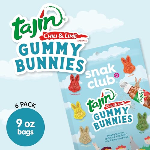 SNAK CLUB TAJIN GUMMY BUNNIES, ASSORTED FRUIT CANDY GUMMIES WITH CHILI AND LIME SEASONING, MILD, GLUTEN-FREE AND VEGAN SNACKS, 9 OZ RESEALABLE BAGS, 6 PACK