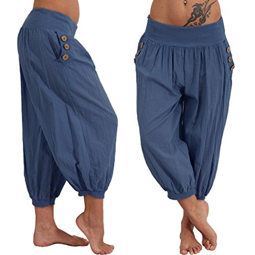 Clearance Women Trousers on Sale vermers Women Elastic Waist Boho Check Pants Baggy Wide Leg Summer Casual Yoga Capris(S, Blue)
