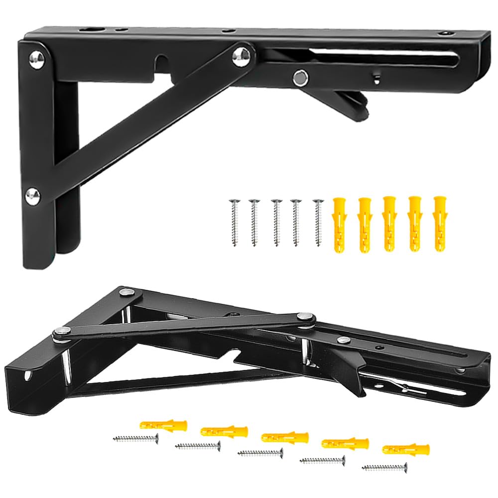 Hocansen 2Pcs Metal Foldable Brackets L Shelf Collapsible Brackets Black Wall Mounted Shelf Bracket Max Load 132 lb Collapsible Shelf Bracket for Table Bookcase (ZDJ/Black 250mm)