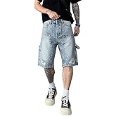 HDMGCR Men's Loose Fit Jean Shorts Straight Leg Casual Rhinestones Denim Shorts