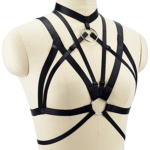 Women Body Harness Bra Waist Belt Strappy Crop Tops Goth Punk Pentagram Festival Rave Bralette (Black O0491)