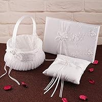 LONGBLE Satin Wedding Flower Girl Basket + Ring Bearer Pillow + Guset Book Elegant Rose Flowers Decor Set White Wedding Ceremony Favors 3Pcs/Set (Embroidery basket)