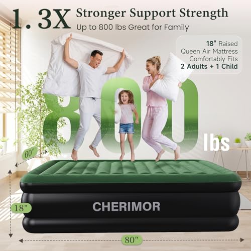 CHERIMOR Queen Air Mattress with Built-in Pump, 18" Raised Comfort, 800lbs Heavy-Duty Support, Anti-Sag Horizontal Beam, Leak-Resistant Design, 3-Min Fast Inflation Blow Up Bed for Guests & Camping