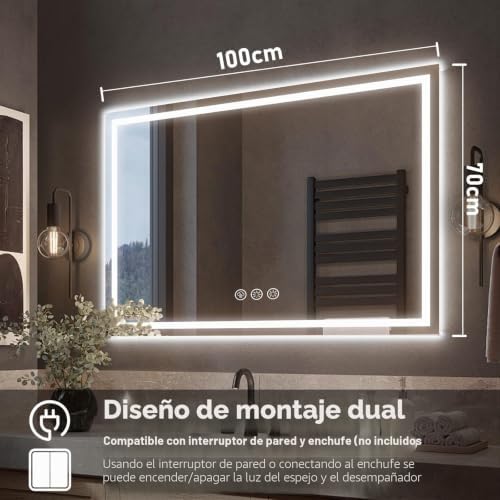 Espelho de casa de banho com luz 70x100cm, espelhos de casa de banho com LED com antiembaça, regulável, 3 cores de luz, função de memória