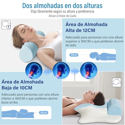 lemonsea Almohada Memory Foam, Almohada Cervical 2 en 1 para Aliviar el Dolor de Cuello, Almohada Ortopédica Ergonómica para Boca Arriba y Boca Abajo, con Funda Almohada (Azul)