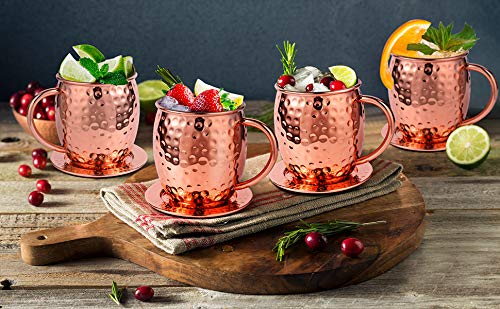 QCen Moscow Mule Becher, Kupferbecher Set mit 4 Untersetzer und 1 Messbecher, 530ml Handgefertigt Kupfertassen Großartig… – Bild 3
