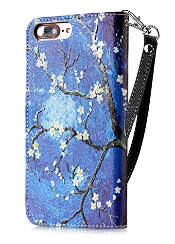 JanCalm iPhone 8 Plus/7 Plus Wallet Case [Kickstand Feature][Card Slots/Side Pocket][Wrist strap] PU Leather Wallet Magnetic Flip Folio Cover for iPhone 8 Plus/7 Plus + Crystal pen (Blue/Flower) - Thumbnail 3