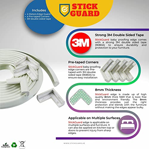 StickGuard Baby Safety Corner Guard, Table Edge Corner Protector Strip for Kids, Baby Proofing Foam for Furniture Edges & Corner Guard Cushion Set Child Protection Bumper Strip - 4 Meters (White)