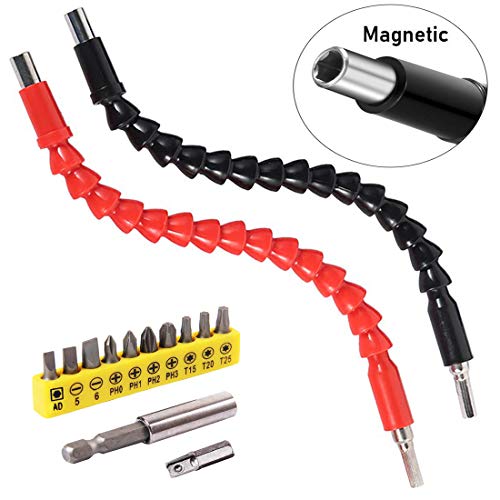 2 Pcs 11.5 Inch Flexible Drill Bit Extension Shaft with 12 Pcs Drill Bit Sets,1/4" Hex Head Magnetic Flexible Screwdriver Extension Shaft for Multi-angle Work