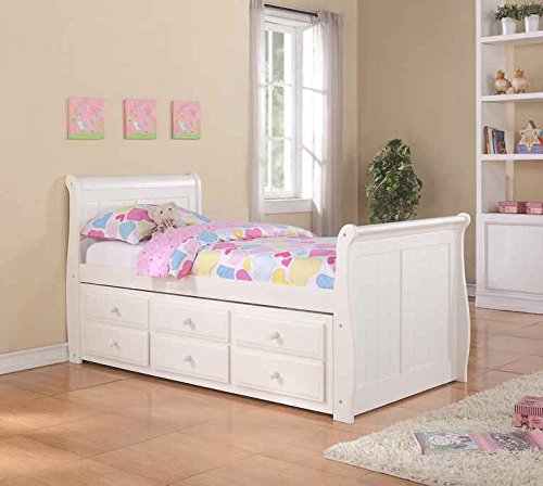 Donco Kids Twin Sleigh Captains Bed with Twin Trundle and Storage Drawers in White