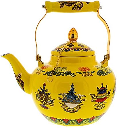 Cheftor 3.2 qt Enameled Steel Apple Shaped Tibetan Buddhist Style teapot and kettle with 8 Auspicious Tibetan Buddhist Symbols, Yellow