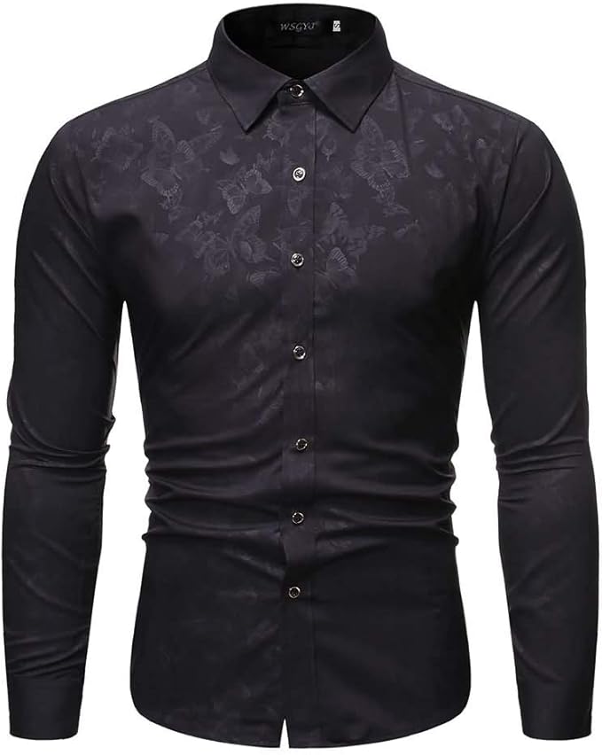 Men's Long Sleeves Black Shirt Shining Butterfly Pointed Collar Men's