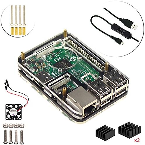 Starter Raspberry Pi 3 Model B Pi 2 Case Kit (5 layers Acrylic Case, Cooling fan, 3Pcs heatsink, ON/OFF Switch USB Cable) (Black)