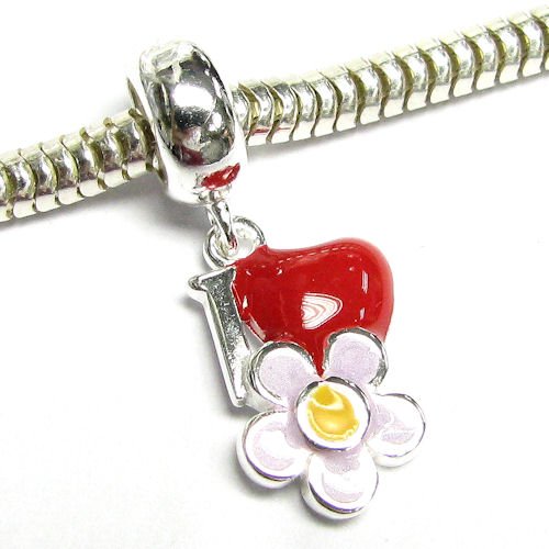 Queenberry Enamel Sterling Silver Love Heart Flower Dangle Bead for European Charm Bracelets