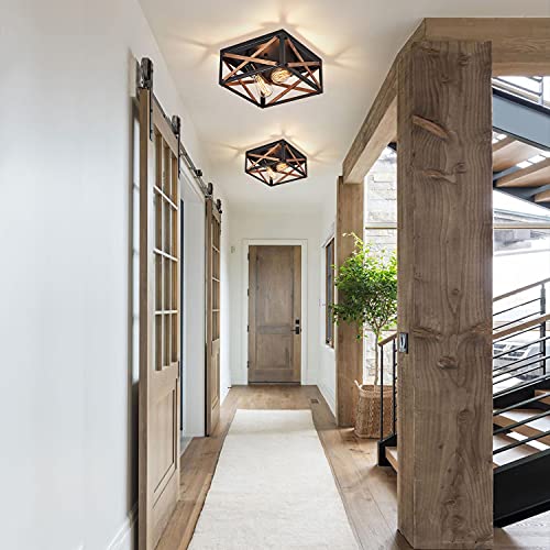 Farmhouse Flush Mount Ceiling Light | 2-Light Square Metal Fixture | Industrial Style For Kitchen & Bedroom
