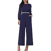 WOMLAYOUT Women's Cocktail Jumpsuits Long Sleeve Beaded High Waist Wide Leg Pants Formal Dressy Rompers