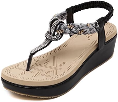 Woman in the Bohemian Style Crystal inlay with Roman Tee Wedge Heel Sandals Rubber (US Women 8, black)