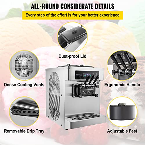 VEVOR Countertop Ice Cream Maker, 2028L/H Yield, 2+1 Flavors Soft