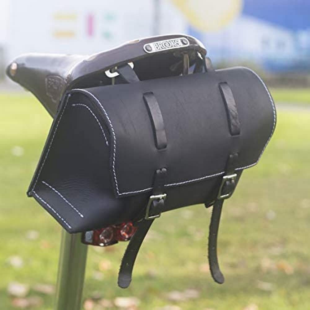 Large Bicycle Bag Saddle / Handlebar / Frame Bag in BLACK LEATHER Classic Bag White Stitching XL-BL-WH