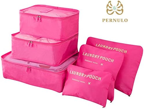 Pack of 6 Waterproof Packing Cubes-Compression Travel Luggage Organizer-Clothe Storage Bag-Travel pouch -Laundry Bag (Rose Red)