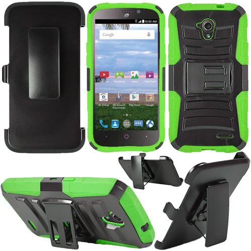 Phone Case for Straight Talk ZTE Prepaid Stratos LTE Z819c Smartphone, Screen Protector + Green Dual Layer Combo Holster Cover Case Belt Clip with Kickstand