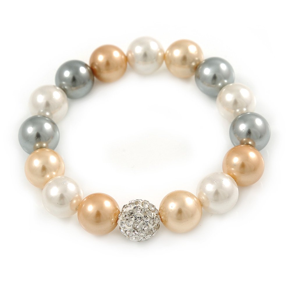 Avalaya 12mm Pastel Shades Polished Glass Bead with Clear Crystal Ball Flex Bracelet - 17cm L