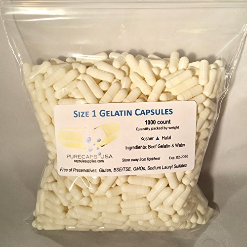 PurecapsUSA Empty Gelatin Capsules – Size “1” – 1000 Fillable Caps – White Color - Kosher/Halal – Hypoallergenic – GMO Free …