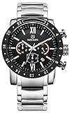 Voeons Mens Watches Chronograph Silver Stainless Steel Black Big Dial Quartz Wristwatch