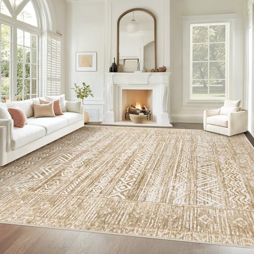 Washable Moroccan Geometric Boho Rug Light Brown