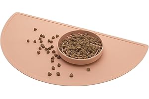 SHOULD WE GO? Silicone Pet Food Mat: Waterproof, Non-Slip, Raised Edges to Prevent Spills, Easy-to-Clean Flexible Tray for Dog Feeding and Water Bowls. Large, Cute, Modern Design. (Large, Blush)