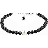 CRYSTALIS Natural Black Tourmaline Beads Adjustable Bracelet with FW Pearl, High Grade Gemstones, Chakra Healing Stones, Gift Giving Jewelry, 925 Sterling Silver Womens Bracelet 8 inch