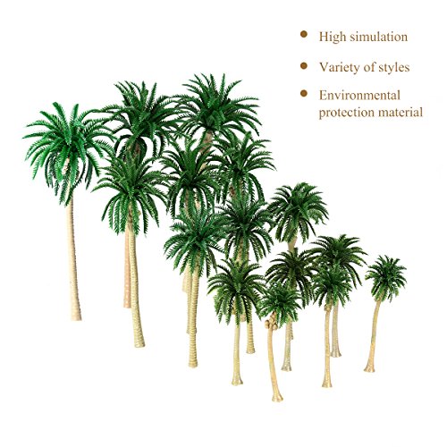 NUOLUX Model Tree Coconut Palm Trees Scenery Model Miniature Railroad Diorama Layout Architecture Trees for DIY Scenery Landscape, Natural Green 5 Size 15Pcs