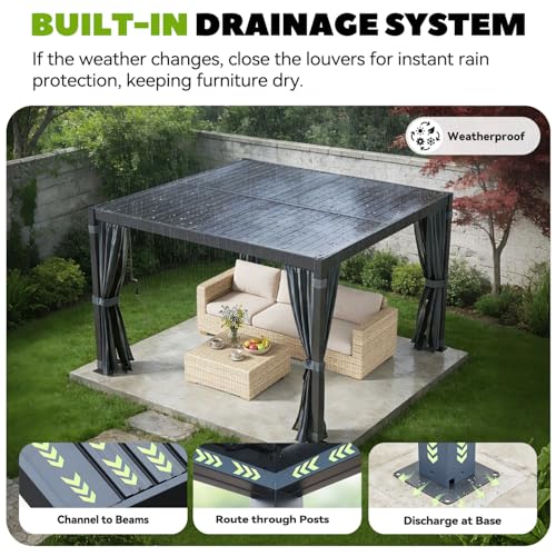 MELLCOM Louvered Pergola 10x10, Aluminum Pergola with Adjustable Louvered Roofs, Outdoor Gazebo with Waterproof Curtains and Nets, Black