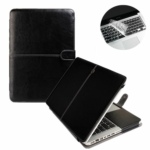 Se7enline Macbook Pro 13 Case PU Leather Book Case for MacBook Pro 13.3 inch A1502/A1425 with Retina display Sleeve Carrying Cover Folio Case with Transparent Keyboard Cover, Black
