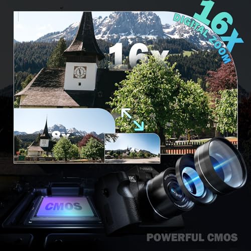 NBD 8K 64MP Digital Camera with Autofocus & 16X Zoom, Wi-Fi & App Control, Anti-Shake, 180° Flip Screen, Webcam Function, Includes Macro & Wide-Angle Lenses, 64GB TF Card & 2 Batteries (Black)