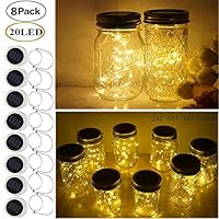 Miaro 8 Pack Mason Jar Lights, 20 LED Solar Warm White Fairy String Lights Lids Insert for Garden Deck Patio Party Wedding Christmas Decorative Lighting Fit for Regular Mouth Jars with Hangers