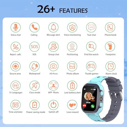 EUNICECG Smart Watch Boy Girl with GPS Locator Flashlight Voice Chat Phones Calls SOS Alarm Clock Classroom Model IP68 Waterproof Digital Smartwatch for Children Birthday Gifts