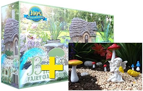 Bliss Fairy Gardens Deluxe Fairy Garden Starter + Accessory Kit COMBO | English Cottage + Tiffany Fairy/Birds/Peculiar Mushrooms (Hand-Painted)