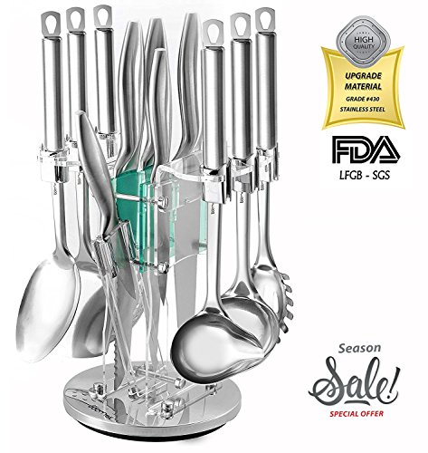 Kitchen Gadgets Utensil Knives Set - 13 Piece Stainless Steel Block - Spatula, Serving Spoon, Spaghetti Server, Soup, Dessert Ladel, Skimmer, Chef, Bread, Carving, Utility, Paring, Knife & Sharpener