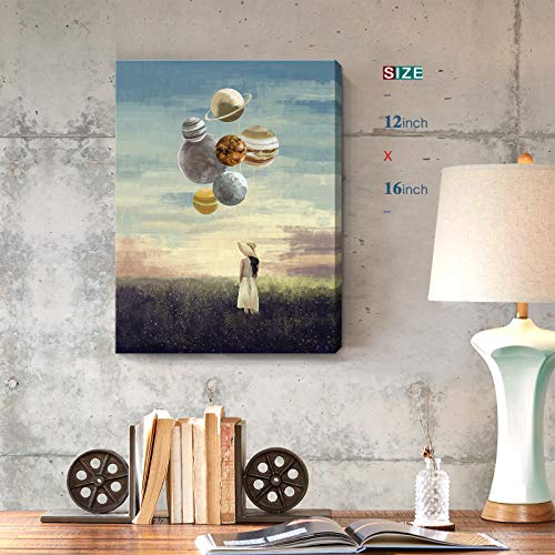 Inspirational Wall Art for Office Modern Motivational Canvas Print Girl Holding Planet Picture Creative Framed Artwork for Bedroom Living Room Decoration 12x16inch