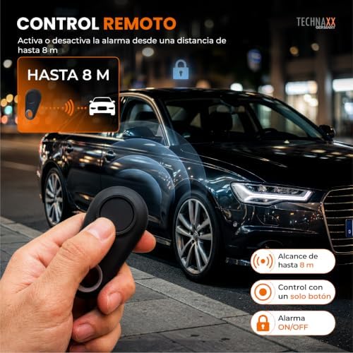 Alarma de coche con sensor de movimiento PIR – Alarma plug-in 12–24V con sirena 110dB, batería de 6 días, puertos USB-A & USB-C, pantalla LED y control remoto - 2026 Update Model - TX-100