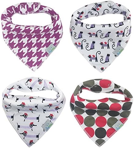 Baby Bandana Bibs, 4-Pack, Super Absorbent for Drooling and Feeding, Strong, Soft, Comfortable and Stylish Designs (Purple Cats &amp; Dogs)
