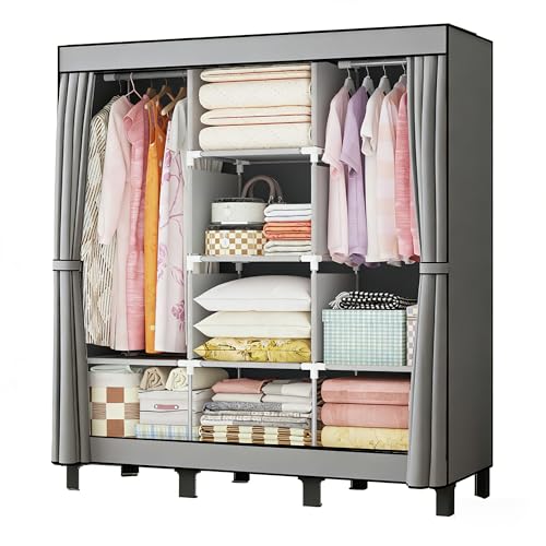 lishbie Portable Wardrobe Bedroom Wardrobe Clothes Storage Box Simple Hanging Grey